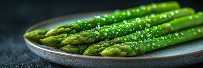 Close-up of fresh asparagus spears, glistening with water droplets and seasonings, arranged on a plate