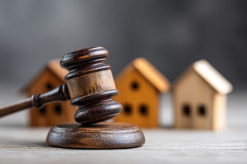 Judge's gavel and wooden house models symbolizing legal property decisions, inheritance court cases, and real estate law