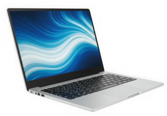 Modern silver laptop displaying abstract blue and white waves