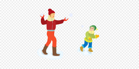 Happy family throwing snowballs - cartoon people characters illustration on white background. Concept of winter activity, New Year, Christmas. Smiling mother and father with children play outdoors