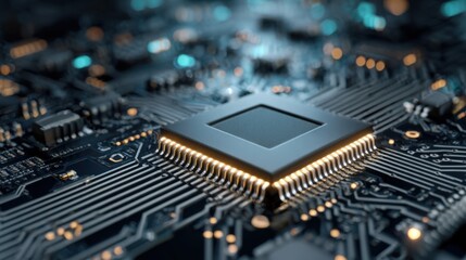 This close-up shows a microchip placed on a circuit board, emphasizing the complex network of connections and electronic components in a modern technology environment.