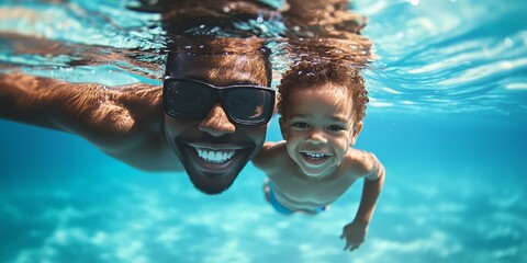 Happy black father and son swimming underwater in a pool during their vacation. African American parent teaching his young child to swim in clear blue water. Celebrating family, Generative AI