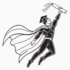 Superhero graduate flying high with diploma and graduation cap isolated on white background