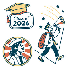 Class of 2026 graduation vector design with student and cap isolated on white background