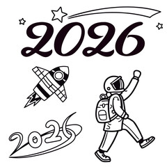 Design with 2026 year, rocket and astronaut isolated on white background