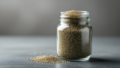 A glass jar brimming with uncooked quinoa, a nutritious ancient grain. Concept for healthy eating, vegan lifestyle, and wholesome food.