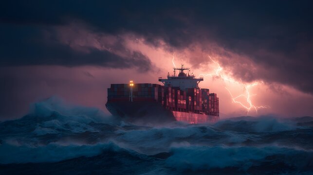 Massive cargo ship navigates rough seas during a dramatic storm with lightning