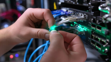 Technician Connecting Network Cables with Glowing Lights