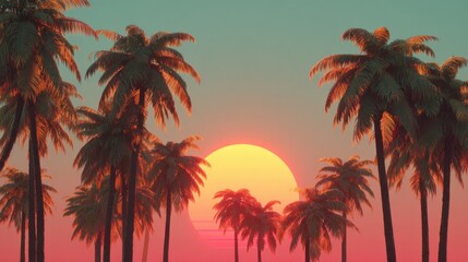 Obraz premium A stunning sunset illuminates the horizon, casting warm hues of orange and pink. Tall palm trees frame the view, creating a tranquil beach atmosphere in the evening.