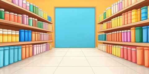 Colorful supermarket aisle shelves illustration. Grocery store shelves fill with colorful jars and products. Retail interior, bright assortment, modern organization, commercial design, consumer