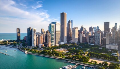 Obraz premium Panoramic cityscape view of a modern metropolis, with waterfront parks and marina