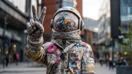 Fototapeta premium A large astronaut sculpture covered in vibrant graffiti stands in a busy urban location, illuminated by evening light, attracting the attention of passersby who admire its artistic expression.