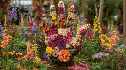 Naklejka premium A large hand sculpture adorned with a variety of colorful flowers stands amidst a lush garden filled with vibrant blooms, showcasing nature's beauty in spring.