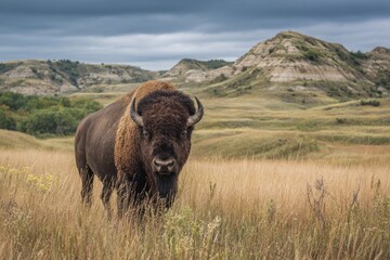 North Dakota Landscape. Bison Bull Roaming in the Wild Grasslands of Theodore Roosevelt National Park