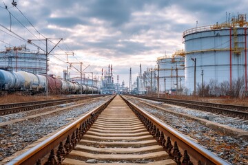Obraz premium Oil And Gas Rail. Crude Oil Storage Tank and Export Facility on Railway Platform