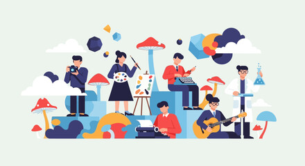 Diverse creative professionals: photographer, artist, writer, musician, and scientist