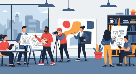 Diverse creative team collaborating on architectural designs and abstract art in a modern studio