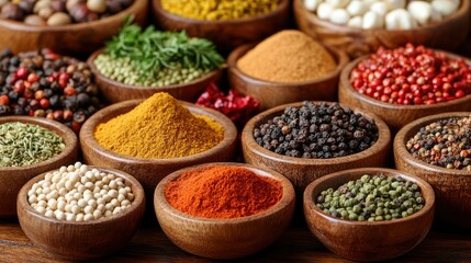 Fototapeta premium Aromatic spices in small wooden bowls. Vibrant colors and textures