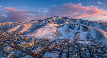 Park City Ski Resort. Aerial View of Downtown Park City, Utah at Sunset