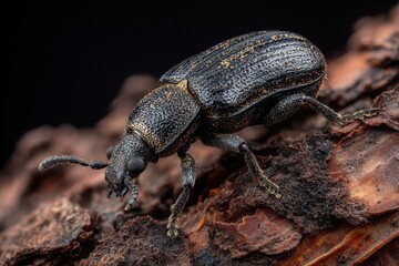 Pine Beetle. Close-up of Bark Beetle Tomicus Piniperda, a Pest Insect on Pine Bark