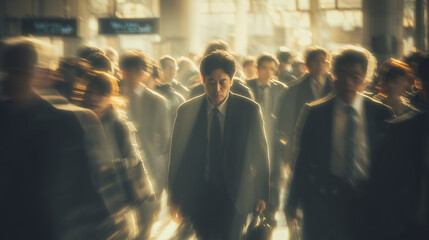 通勤ラッシュの人混みを歩く中年サラリーマンの出勤風景「生成AI」