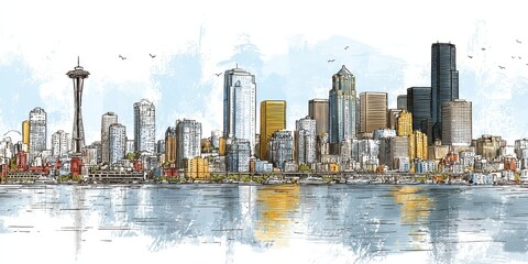 Seattle Drawing. Hand-drawn Modern City Skyline with Urban Buildings and Waterfront