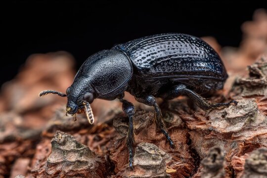 Pine Beetle. Close-up of Tomicus Piniperda, Bark Beetle Insect Pest on Pine Tree