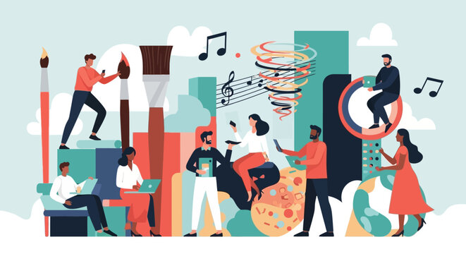 Diverse Group Interacting with Technology, Art, and Music in a Creative Space