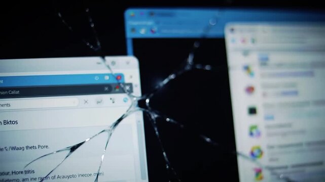 Detailed close-up footage of a computer monitor displaying cracked, software graphics with multiple browser tabs open