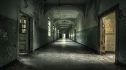 Fototapeta premium Spooky Hospital. Old Abandoned Building: Dark Interiors of Empty Corridor