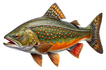 Vibrant brook trout with detailed scales and fins on black background