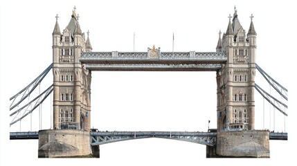 Tower Bridge, a renowned symbol of London, spans the Thames River, displaying intricate Gothic design and engineering. Visitors admire the stunning view on a sunny day.