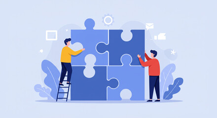 A vector illustration showing a team working together to solve a puzzle. It represents teamwork, collaboration, and business strategy. The design is flat and modern. Perfect for business use.