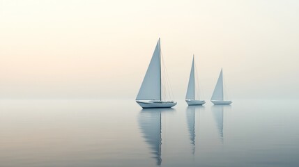 Fototapeta premium Three sailboats gracefully sailing on tranquil waters in a serene seascape