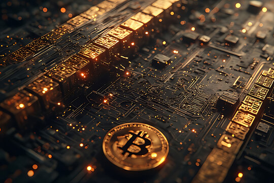 Gleaming Bitcoin coin rests on a complex, illuminated circuit board with intricate golden pathways and glowing digital energy, symbolizing financial technology and innovation.