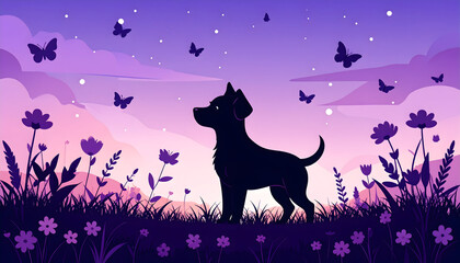 Silhouette of a Dog Amidst Pixelated Purple Flowers and Butterflies Under a Night Sky