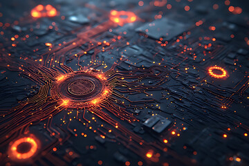 Dynamic glowing circuit board with intricate connections and vibrant energy pulses, symbolizing advanced technology and innovation | Abstract View of a Glowing High-Tech Circuit Board Design