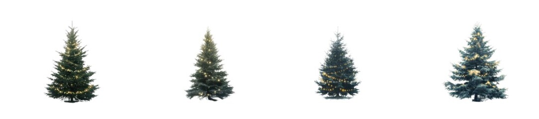 Four different sized evergreen christmas trees, isolated on transparent background