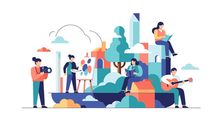 Diverse Individuals Engaging in Creative Pursuits Within a Colorful Cityscape.