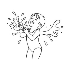 Outline illustration of little boy playing joyfully with water splash outdoors summer