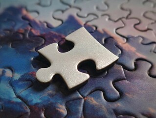 Puzzle piece placed on vibrant background, showcasing intricate design and colors during a relaxing indoor moment of creativity and focus