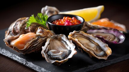 Variety of fresh oysters and seafood garnished with lemon and herbs on slate platter