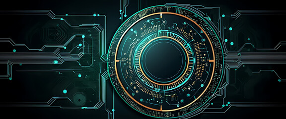Dynamic futuristic circuit board with glowing neon lines and a central metallic ring, symbolizing advanced technology and digital innovation