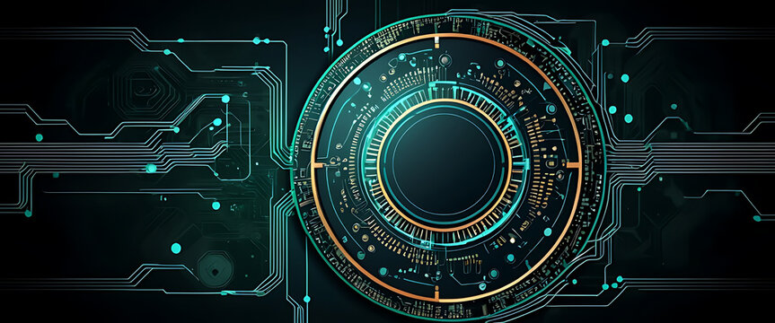 Dynamic futuristic circuit board with glowing neon lines and a central metallic ring, symbolizing advanced technology and digital innovation