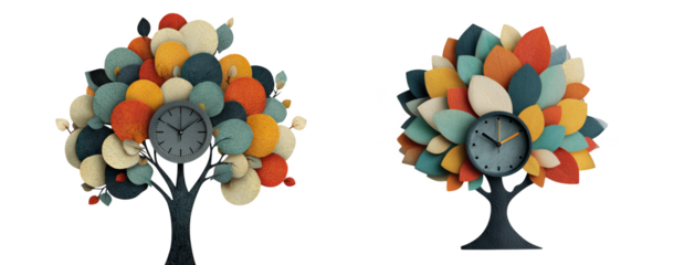 Two artistic trees with clocks as foliage, showcasing colorful textures, isolated on transparent background