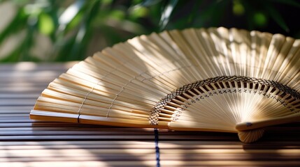 Light beige bamboo fan on a bamboo mat in a garden setting