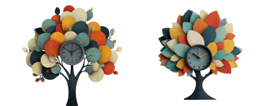 Two artistic trees with clocks as foliage, showcasing colorful textures, isolated on transparent background