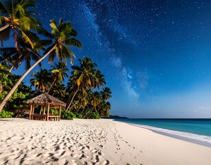 Tropical beach at night under a starry sky