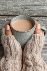 Cozy hands holding a warm cup of coffee