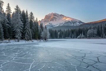 A frozen lake with a mountain in the background